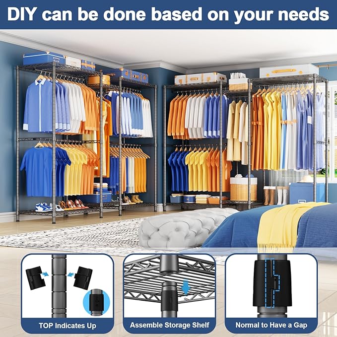 Ulif E12 Pro Clothes Rack，Heavy Duty Freestanding Garment Rack with Shelves，Metal Clothing Closet Storage System for Hanging Clothes，71" W x 16" D x 76.5" H, Hold 960 lbs，Grey
