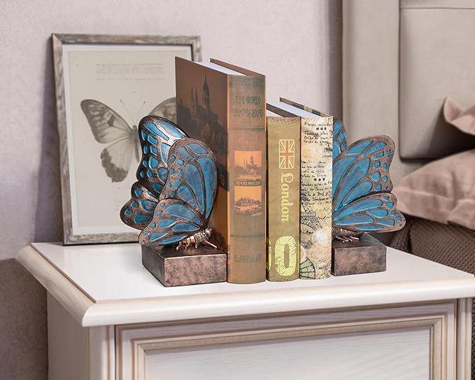 Vintage Blue Butterfly Bookends,Resin Book Ends for Shelves,Heavy Duty Decorative Bookends,Creative Book Stopper Holder Decor for Desk Home Office,Shelf Decoration,Gifts for Mother's Day