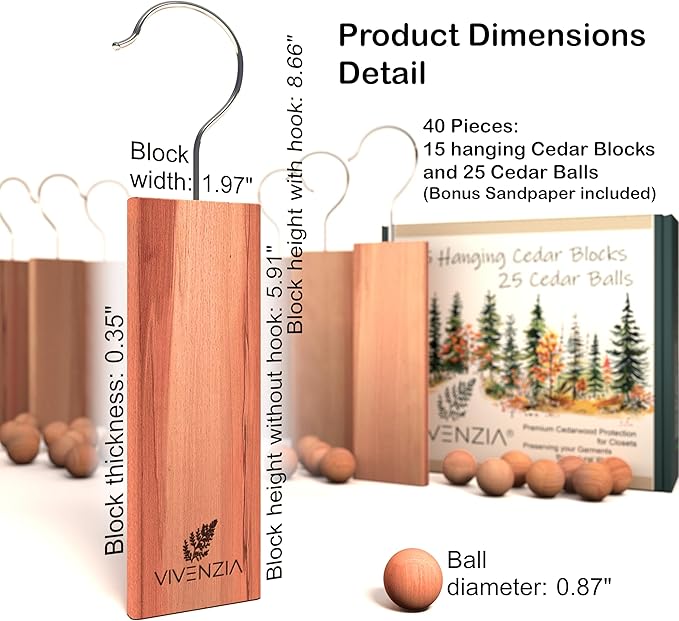 Cedar Blocks for Clothes Storage 40pcs (15 Hang-ups, 25 Balls), Cedar Blocks for Closet, Cedar for Closets, Cedar Planks, Natural Closet Smell Eliminator, Natural Closet Deodorizer
