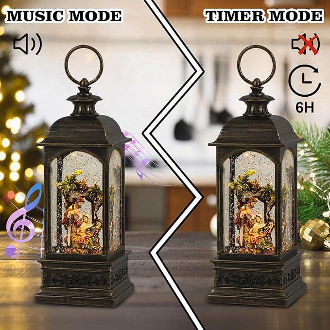 Wondise Lighted Musical Snow Globe Lantern with 6 Hour Timer, USB Powered and Battery Operated Spinning Water and Swirling Glitter Christmas Snow Globe Lantern Gifts(Nativity)