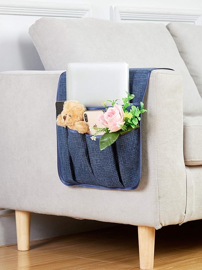 Sofa Armrest Organizer Non-Slip Arm Chair Hanging Caddy Remote Control Holder for Magazine, Phone, Books, Glasses(Navy,13in)