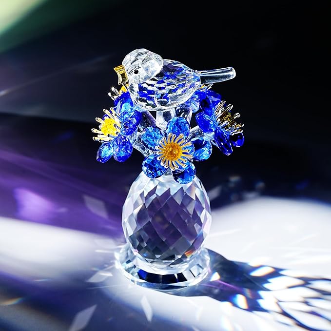 Crystal Bird & Forget-Me-Not Flower Figurine,3x4 inch Glass Flower Collectible Ornaments for Home Decor Table Centerpiece Glass Bouquet Flowers Keepsake Gifts for Women （Blue）