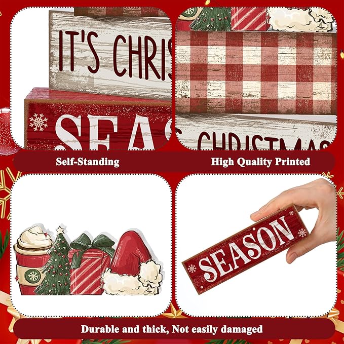 Lineshading 4 Pcs Christmas Table Decoration Wooden Hot Cocoa Santa Hat Decorations Christmas Tiered Tray Decor Winter Centerpiece Decorative Santa Hat Hot Cocoa Gift Box Tree Block Signs for Home