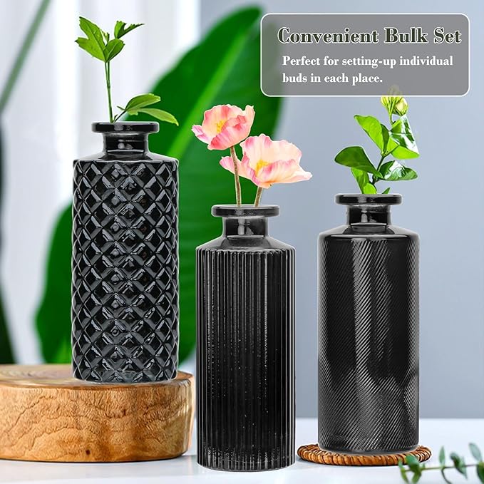 Brajttt Glass Bud Vase Set in Bulk, 9pcs Mini Vintage Flower Vases for Wedding,Black Relief Vase for Centerpieces,Home Table Flower Decor, Party Decorations