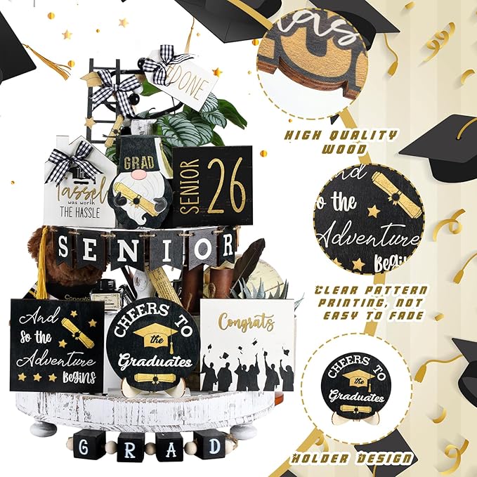 Mifoci 19 Pcs Graduation Tiered Tray Decor Set 2026 Graduation Farmhouse Wooden Sign Tray Decorative for Party Kitchen Table Centerpiece Supplies