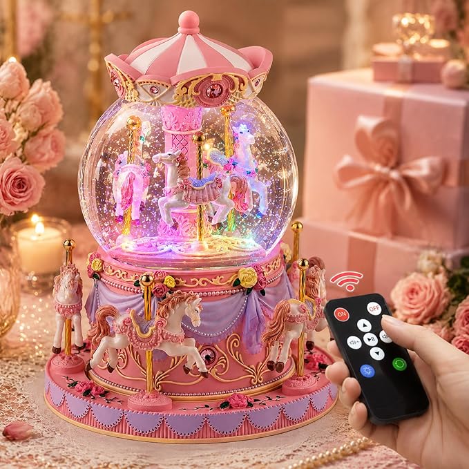 Remote Control Carousel Snow Globe Music Box, Pink Merry Go Round Horse Music Box with Lights, Plays 64 Tunes, Romantic Birthday Christmas for Daughter Wife Mom Granddaughter