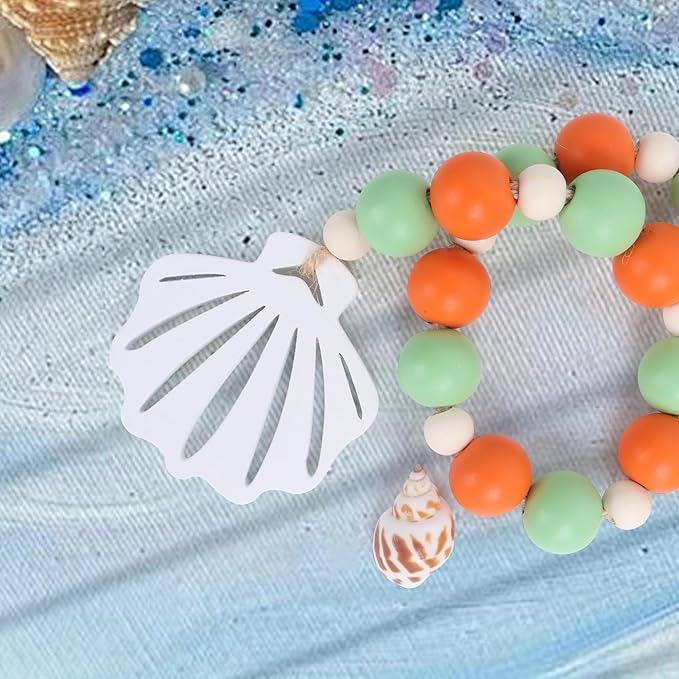 Meplait Wood Bead Garland, Coastal Tassel Garland with Shell Tag Beach Farmhouse Decor for Tiered Tray Table Centerpiece Wall Home Decoration