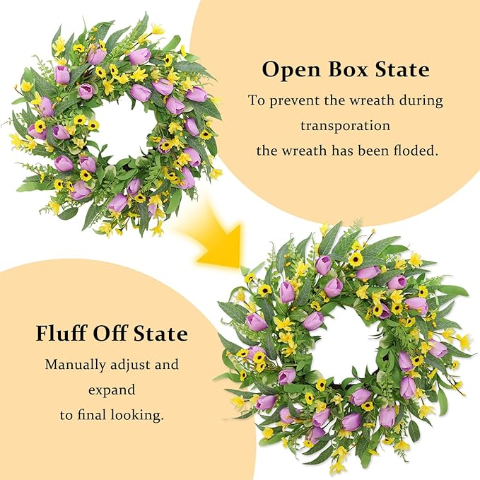 Spring Summer Wreaths for Front Door,22 Inch Artificial Purple Tulip Wreath with Wildflowers,Eucalyptus Leaves for Indoor Outdoor Wall Porch Festival Farmhouse Home Holiday Decor.