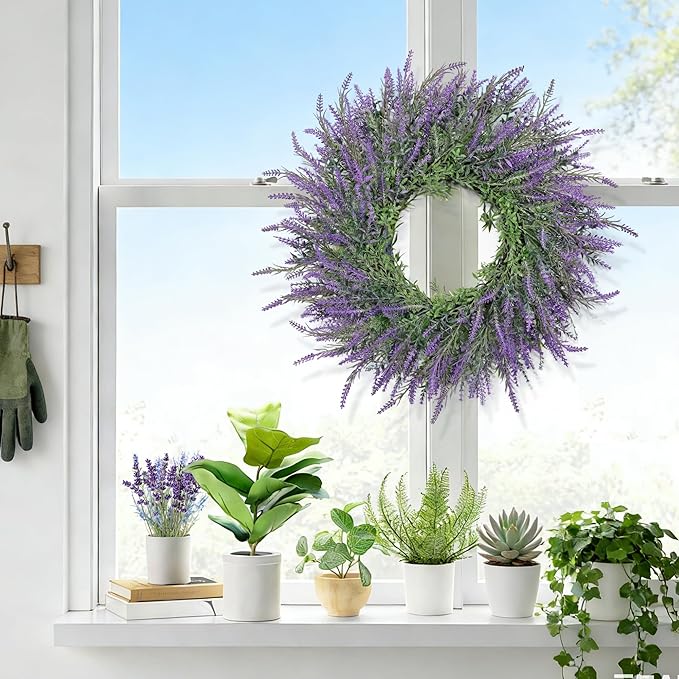 Summer Spring Wreaths for Front Door Artificial Lavender Wreath All Seasons Purple Lavender, Wreaths for Outdoor Indoor Wall Home Farmhouse Window Wedding Festival Decor