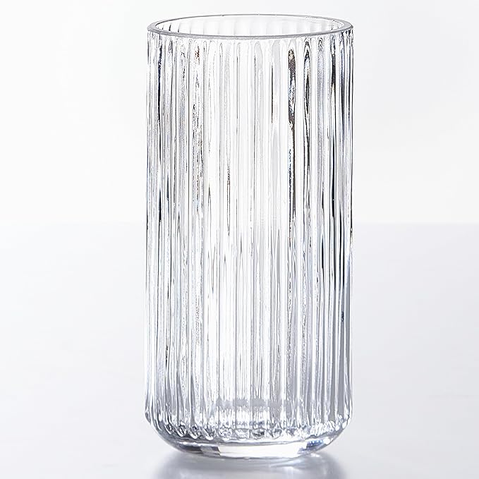 Clear Glass Flower Vase for Pampas Grass, 7.5 inch Medium Decorative Centerpiece Ribbed Vase for Dining Table, Office Desktop, Shelf Bookshelf, Mantel, Entryway, Bathroom, Countertop, Farmhouse, Gift