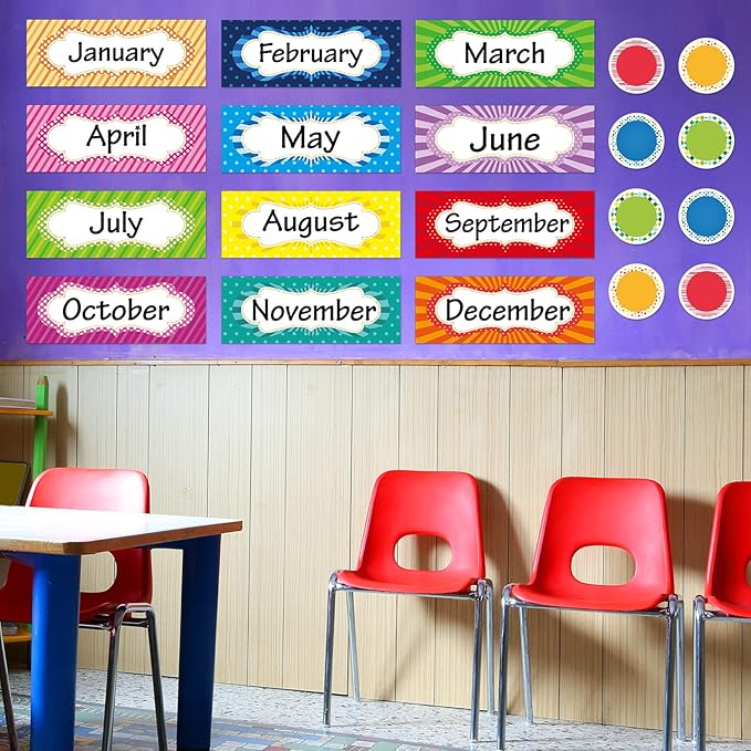 Zonon 48 Pieces Holiday Monthly Headliners Set 12 Months of The Year Headers Seasonal Monthly Bulletin Board Borders with 36 Round Blank Confetti Cutouts(Simple Style)