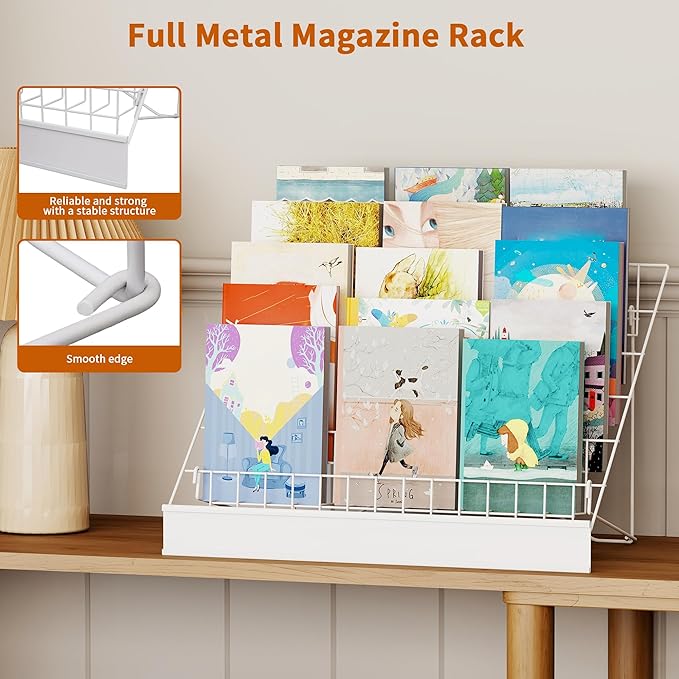 6-Tier 30" Wide Metal Magazine Holders,Wire Countertop Rack with Sign Channel,Retail Book Brochure Magazine Display Stand Literature Greeting CD Card Rack for Book Signing,Vendor Booth (White)