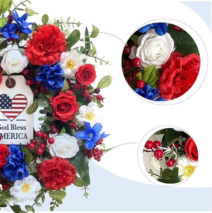 Idyllic 20Inch 4th of July, Patriotic, Independence Day Wreath for Front Door, Red White and Blue Flower Memorial Day, Independence Day Wreath for Front Door Wall Window Decor