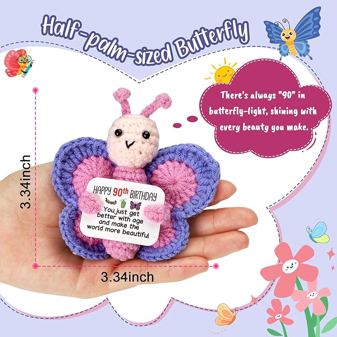 90th Birthday Gifts for Women, Tiny Crochet Butterfly Plush with Pink Purple Wings Holding Positive Note, Happy 90th Birthday Decoration & Gift for 80 Year Old Women
