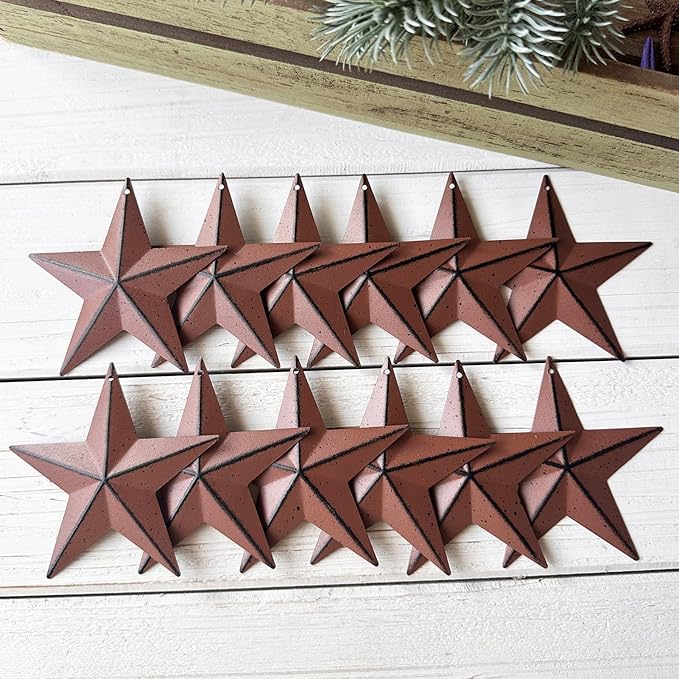 3.8-Inch Metal Barn Star，Metal Star for Outside Texas Stars Art Rustic Vintage Western Country Home Farmhouse Wall/Door Decor, Set of 12. (Rusty)…