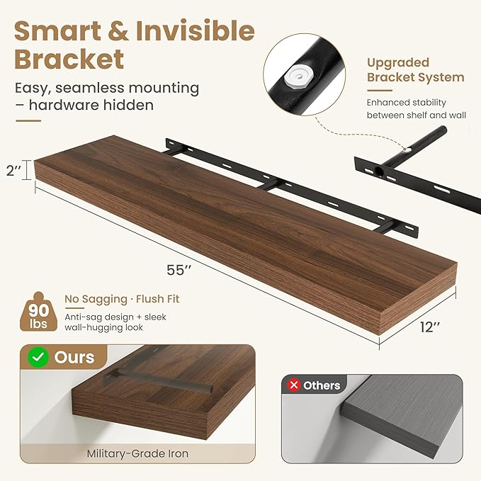 FLYJOE 55 Inch Long Floating Shelves for Wall Set of 1, 12" D Wood Grain Bathroom Shelves with Invisible Brackets, Easy Install Engineered Wood Storage Shelves for Kitchen, Living Room, Bedroom