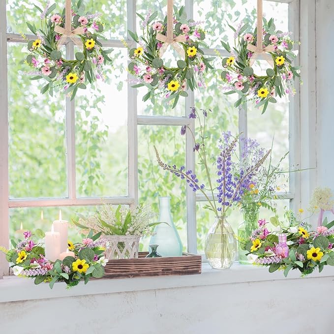 6 Pcs 9" Small Summer Wreath for Kitchen Cabinet Floral Candle Rings Wreaths Wildflower Wreath with Ribbon for Pillars Front Door Porch Wall Window Farmhouse Party Home Indoor Decor