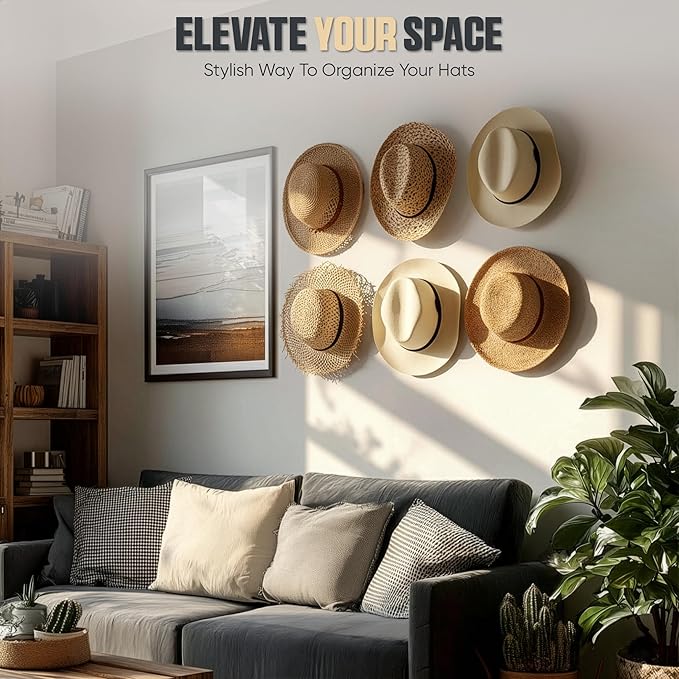 Modern JP Adhesive Hat Hooks for Wall (20-Pack) - Cowboy Hat Rack, Wide Brim Hat Organizer, Strong Hold Hat Hangers for Wall - White