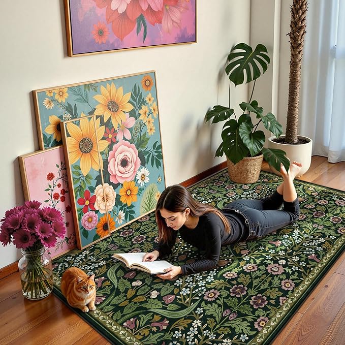 Moynesa Floral Washable 5x7 Rug, Green Area Rugs for Living Room, Non Slip Boho Dining Room Rug Under Table, Botanical Ultra Thin Floor Carpet for Bedroom Home Office, Green