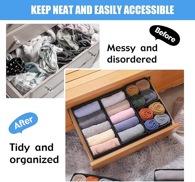 Pomety Foldable Drawer Underwear Drawer Organizer Foldable Dresser Clothes Storage Box Dresser Drawer Divider Organizers Bins for Clothes, Underwear,Socks, 7 Pack （Black）