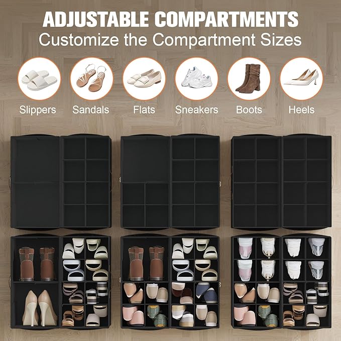 Shoe Organizer for Closet, 2-Pack Foldable Shoe Storage Box with Adjustable Dividers & Clear Cover, Fits 16 Pairs, Black, Durable and Space-Saving