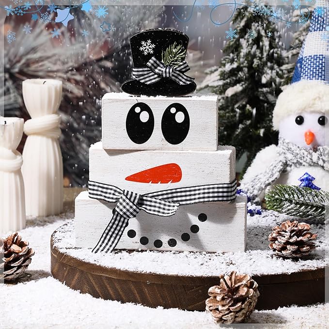Moucuny 4 Pcs Winter Table Decoration Wooden Snowman Decor Black and White Winter Tiered Tray Decor Rustic Snowman Face Wood Block Sign Gift Christmas Centerpiece Farmhouse for Wonderland Home