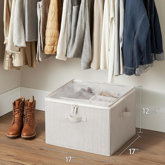 StorageWorks Shoe Organizer for Closet, Fits up to 16 Pairs, Shoe Cubby Storage Containers with Adjustable Dividers and Clear Cover, Gray and White Stripes