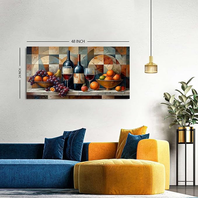 AIYISU Abstract Kitchen Wall Art Geometric Wall Decor Red Wine Glass Fruits Canvas Prints Pictures Rustic Farmhouse Still Life Painting Wine Bar Art for Dining Room Restaurant Home Decorations 24x48