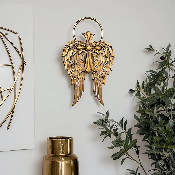 Sintosin Vintage Gold Angel Wings Wall Decor Small 14 X 22 Inch, Hanging Antique Religious Christian Cross Wall Art with Metal Halo, Decorative Wood Sculptures Home Decor for Hallway Living Room