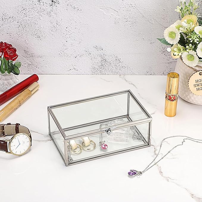 Hipiwe Vintage Glass Keepsake Box Rectangle Jewelry Display Organizer Lidded Box Home Decor Accent Decorative Box for Storage Trinket Rings Bracelet, Silver, Small