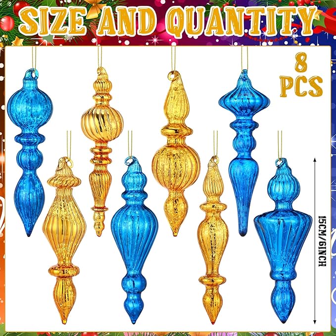 Mifoci 8 Pcs 6 Inch Mercury Glass Finial Christmas Ornaments Hanging Christmas Finials Glass Ornaments Assorted Mercury Decor for Vintage Holiday Xmas Tree Decoration(Blue, Gold)