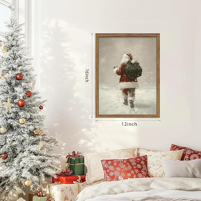 Framed Christmas Wall Art, Santa Claus Walk in Snow Canvas Prints, Vintage Christmas Pictures Wall Decor, Rustic Santa Oil Painting, Winter Snow Scene Christmas Decorations – 12X16in