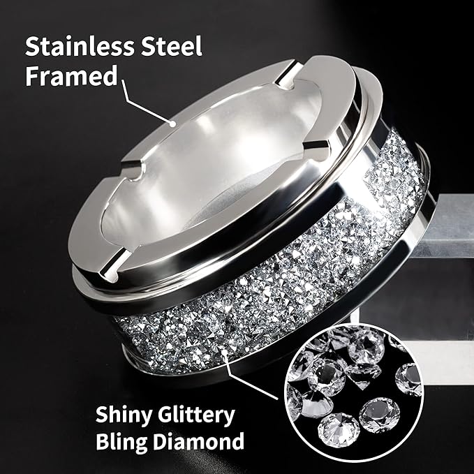 Ashtray, Cool Ashtrays for Cigarettes Outdoor, Cute Glass Ash Tray for Office Tabletop, Crushed Diamond Home Decor, Bling Crystal Decorative Ashtray for Smokers Indoor Use, 4"L x 4"W x 1.57"H, Silver