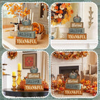 Lineshading 4 Pcs Fall Table Decoration for Home Wooden Blue Pumpkin Decor with Sunflowers Rustic Thanksgiving Tiered Tray Decor Autumn Centerpiece Decoration for Harvest Party Home Kitchen