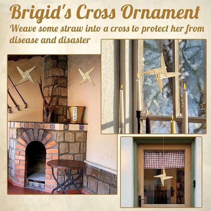 Kathfly 2 Pcs St. Brigid's Wall Cross and Card Irish Gift Saint Brigid's Cross History Card Irish Blessing Gift Ireland Hanging Wall Traditional Decor for Celtic Imbolc Home(6 in,Classic,Straw Color)