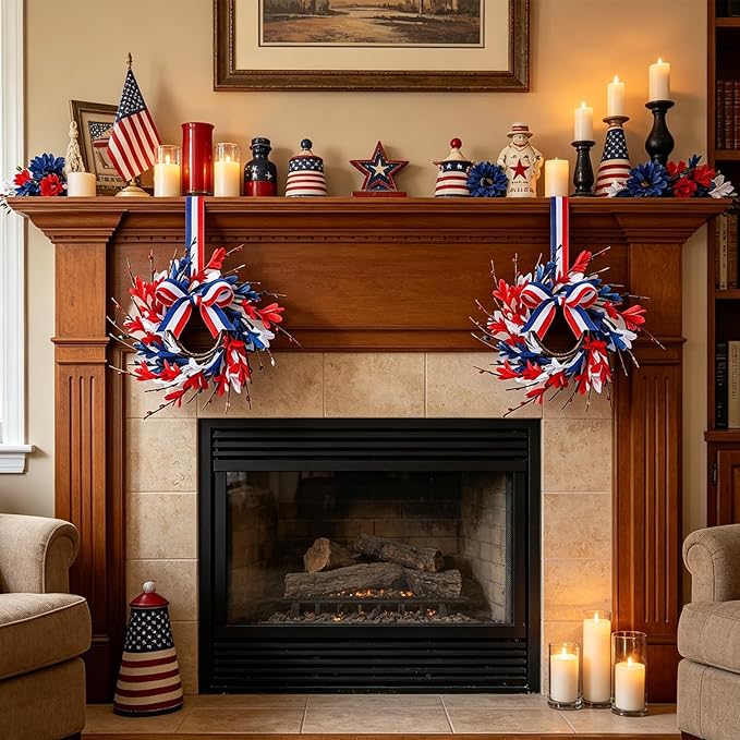 6 PCS Mini 4th of July Patriotic Kitchen Cabinet Wreaths Small Red White and Blue Floral Swag Wreath for Front Door with Forsythia Flowers Independence Day Hanging Wreaths for Memorial Day Porch Wall