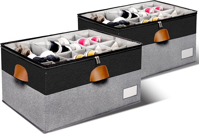 2 Pack Shoe Organizer for Closet, Adjustable Shoe Box Storage Containers, Large Foldable Shoe Bins with Clear Cover, Space Saving Shoes Holder with 4 Handles, Fits 24-48 Pairs, Black
