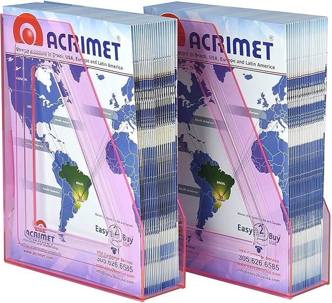 Acrimet Magazine File Holder Bin Storage, Vertical Rack for Documents, Folders and Mail, Durable Plastic Desk Organizer for Office & Home (Clear Pink Color) (2 Pack)