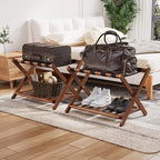 Smuxee Fully Assembled Walnut Luggage Racks Pack of 2, Upgraded Bamboo Foldable Suitcase Stand with 5 Nylon Straps, Luggage Holder with Shelf for Guest Room Bedroom Hotel