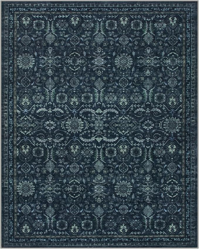 Lahome Navy Blue 8x10 Area Rugs for Living Room,Boho Machine Washable Dining Room Area Rugs,Dark Vintage Thin Stain Resistant Carpets for Bedroom Dorm Home Office