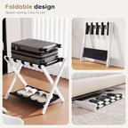 26.77" Full Assembled Luggage Rack for Guest Room, Set of 2 Bamboo Foldable Suitcase Stand, Bedroom & Hotel, Folding Luggage Holder with 5 Nylon Straps, 600D Oxford Fabric Shelf White