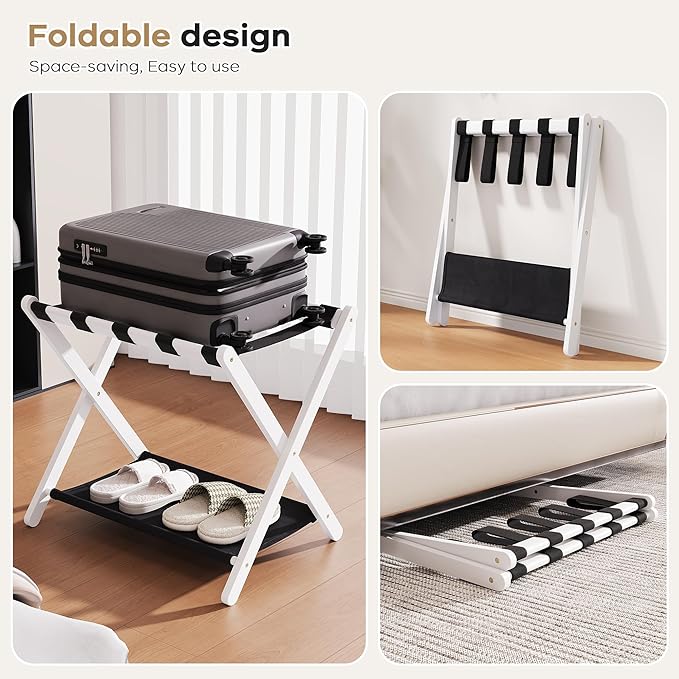 26.77" Full Assembled Luggage Rack for Guest Room, Set of 2 Bamboo Foldable Suitcase Stand, Bedroom & Hotel, Folding Luggage Holder with 5 Nylon Straps, 600D Oxford Fabric Shelf White