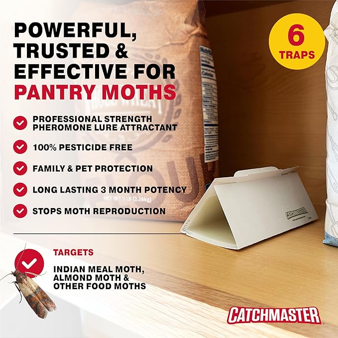 Catchmaster Pantry Pest & Moth Traps 6-Pk, Bug Killer for Kitchen Storage & Pantry Cabinet, Sticky Moth Traps for House, Glue Trap to Protect Pet Food, Kitchen Cabinets Storage