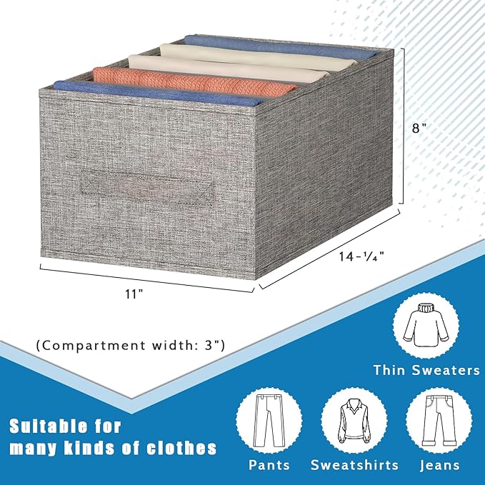 Wardrobe Clothes Organizer, 5 Compartments Jeans Organizers and Storage, Stackable Drawer Organizer for Closet - Pants, Sweaters, T-Shirts, Dimension 14.2" x 11"x 8"