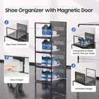 eWonLife X-Large Shoe Boxes with Magnetic Door, 12-Pack Stackable Shoes Storage Organizer for Closet, Clear Plastic Sneaker Container Shoe Rack for Size 12, Black