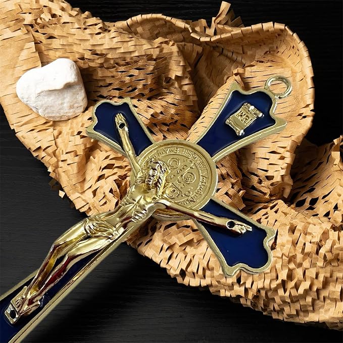 BONITTER Golden St Benedict Crucifix Metal Wall Art, 7.8x4.1 Inch Cross, Blue/White/Black/Red Wall Decor, Saint Benedic Cross for Home Decoration, Catholic Gift (Blue)