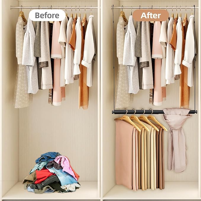 STORAGE MANIAC Adjustable Closet Rod Extender, Heavy Duty Space-Saving Clothes Hanging Bar, Double Rod Organizer, Black, 1 Pack