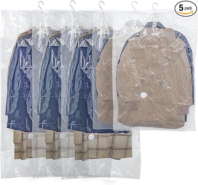 Hanging Vacuum Storage Bags,Hanging Vacuum Sealer Storage Space Saver Bags for Clothes, Suits, Coats, Dresses or Jackets, Reusable Compressed Vacuum Bags Closet Organizers,5 Pack(3 Long,2 Short)