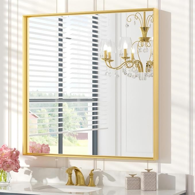 Keonjinn 30 x 30 Inch Gold Bathroom Mirror for Over Sink Square Wall Mirror Brushed Gold Metal Framed Mirrors, Modern Farmhouse Rectangle Mirrors with Aluminum Alloy Frame(Horizontal/Vertical)