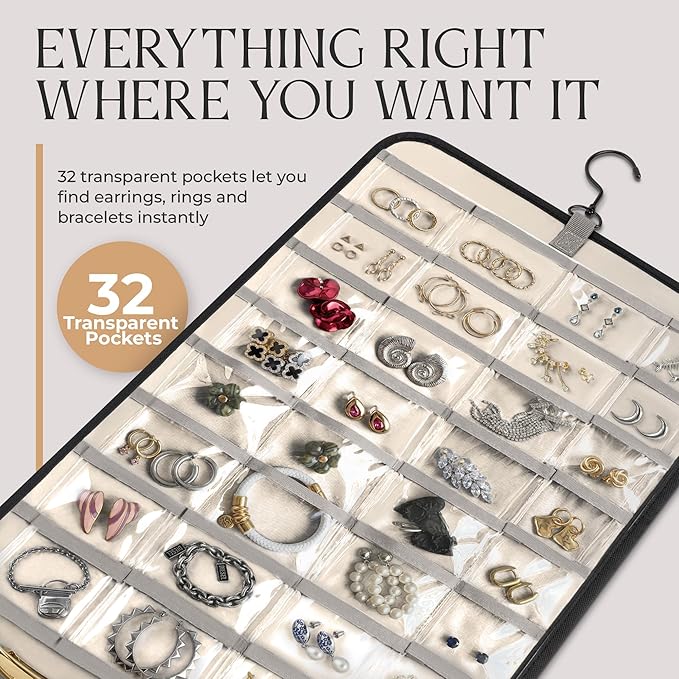 Hanging Jewelry Organizer Storage with Hanger Metal Hooks Double-Sided Jewelry Holder- Wall Mount Holder for Earrings, Necklaces, Rings on Closet, Wall, Door, 1 piece, Large, Charcoal Black